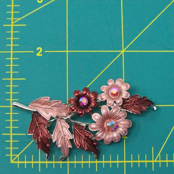 Vintage Floral Brooch Pink Burgundy Enamel AB Rhinestones Silver Tone Pin - Picture 8 of 10